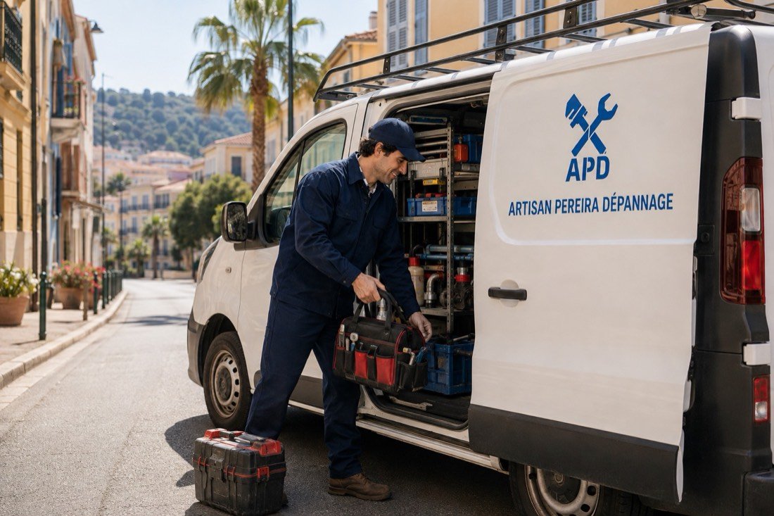 Fourgon d'intervention plomberie à Nice, artisan sortant sa caisse à outils