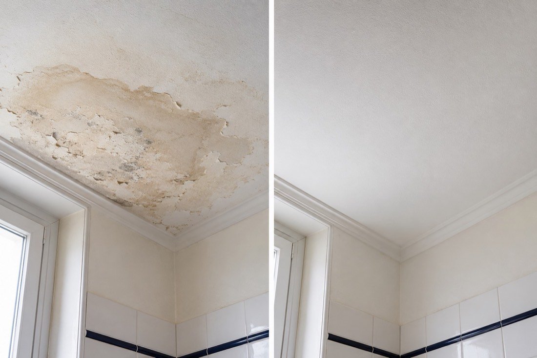 Réparation de fuite avant après à Nice : plafond taché puis remis à neuf
