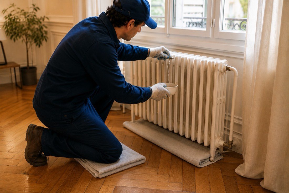 Plombier chauffagiste à Nice purgeant un radiateur
